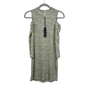 Poof Women Knit Cold Shoulder Dress Crew Neck 3/4 Sleeve Ribbed Heather Green S*